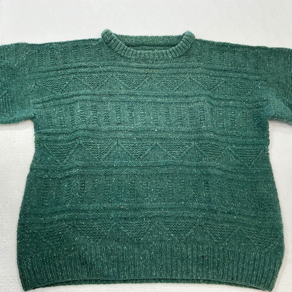 Vintage Green Donegal Tweed Wool Blend Textured Geometric Crewneck Sweater XL‎